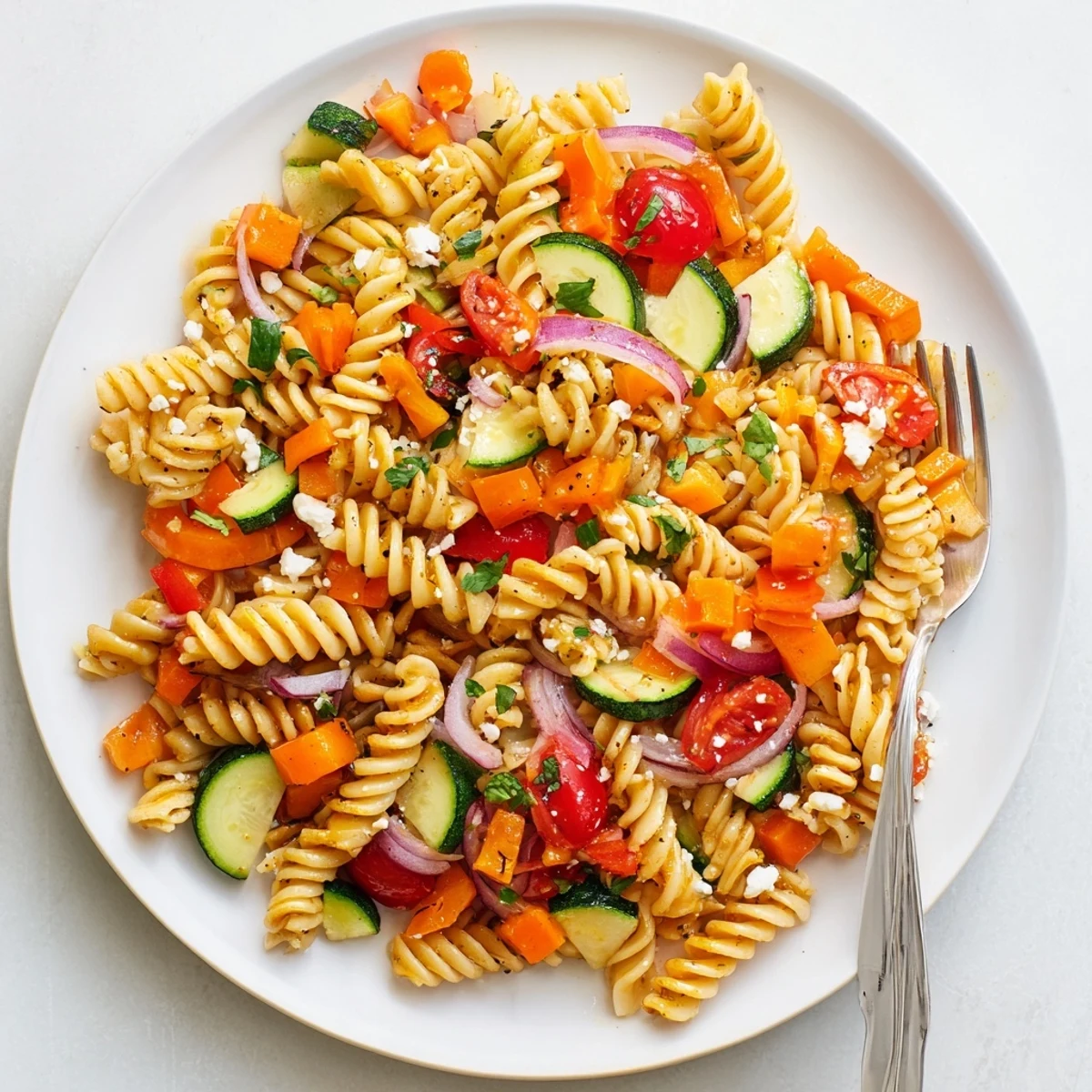 Freshly tossed pasta salad, featuring seasonal veggies and a zesty dressing—perfect lunch idea.