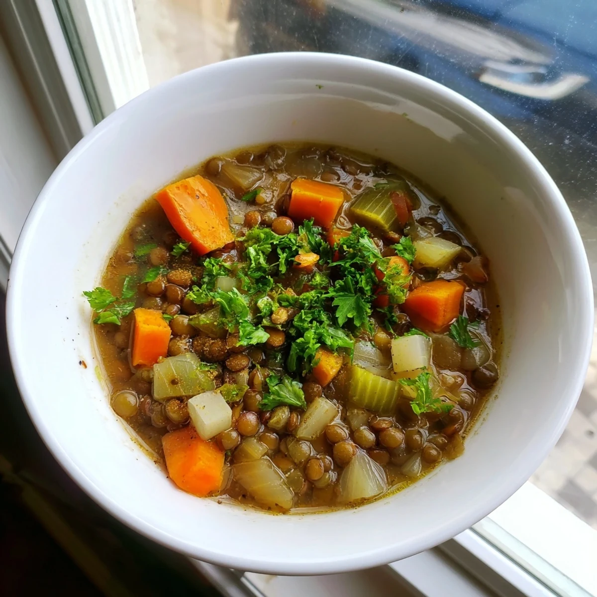 Homemade Lentil Soup, with carrots and celery, ready for a delicious, warm, healthy meal.