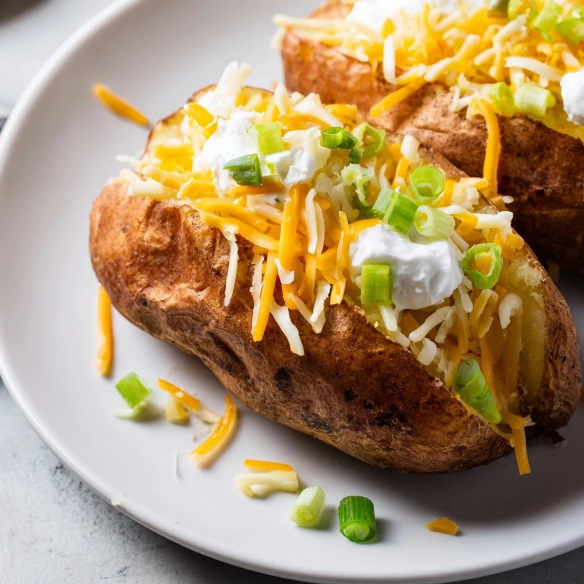 A close-up of a loaded baked potato bar, overflowing with cheese, sour cream, and fresh green onions.