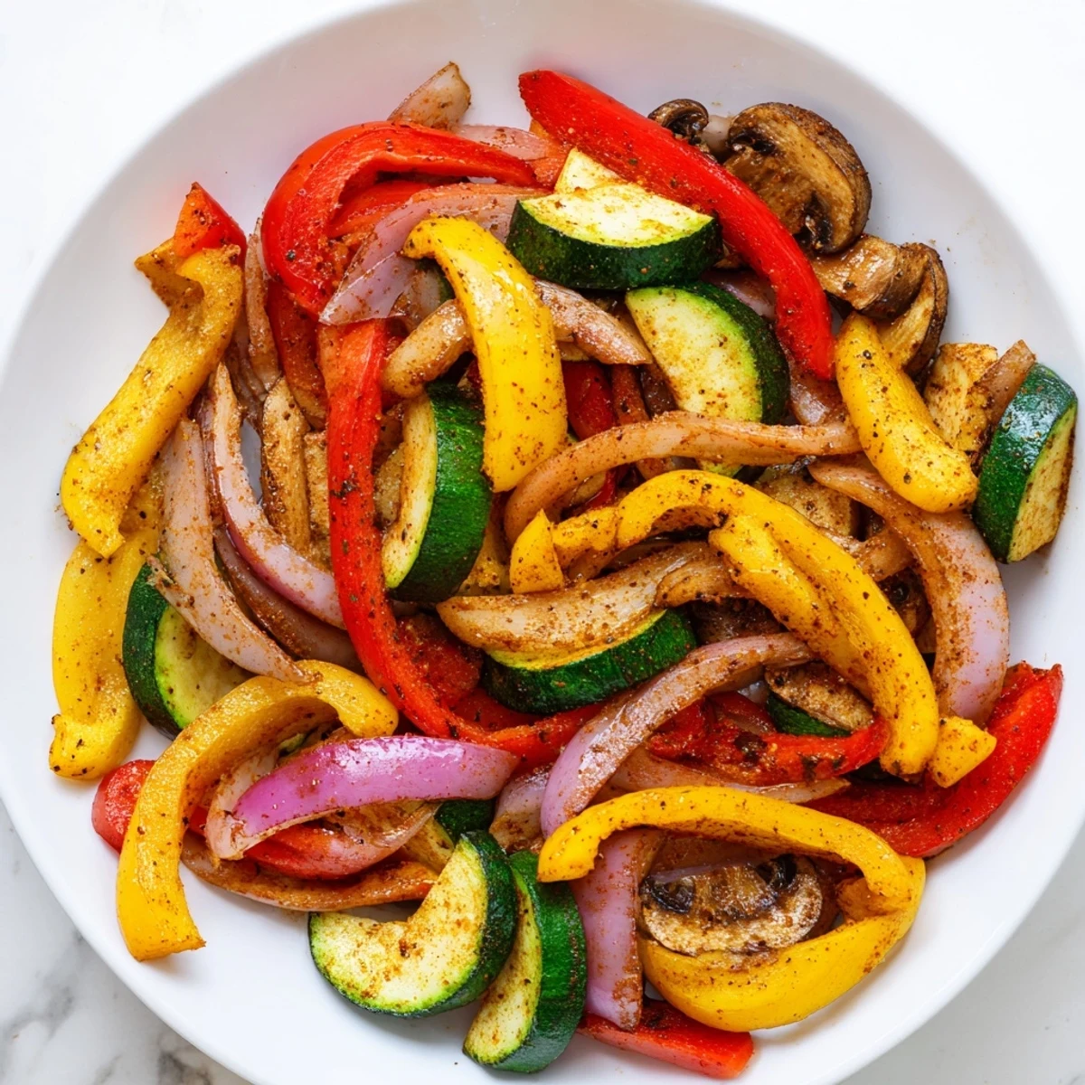 Steaming Veggie Skillet Fajitas overflowing with colorful peppers and onions ready to be wrapped in a warm tortilla.