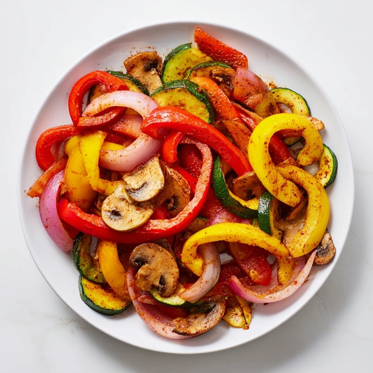 A close-up of a sizzling Veggie Skillet Fajitas dish offering a vibrant mix of fresh, roasted vegetables and spices.