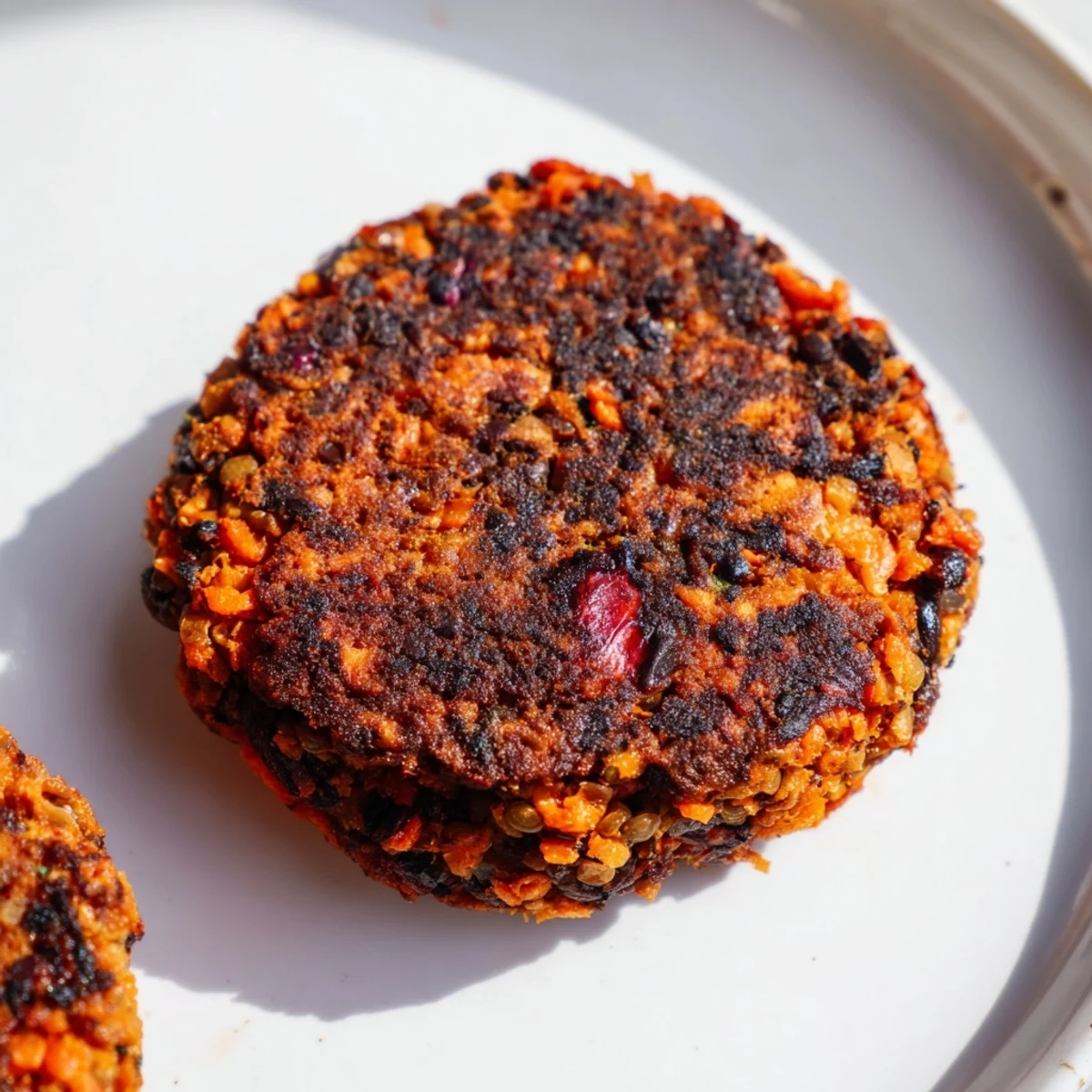 Golden-brown black bean burgers ready to be enjoyed, served on a toasted whole-wheat bun with fresh toppings.