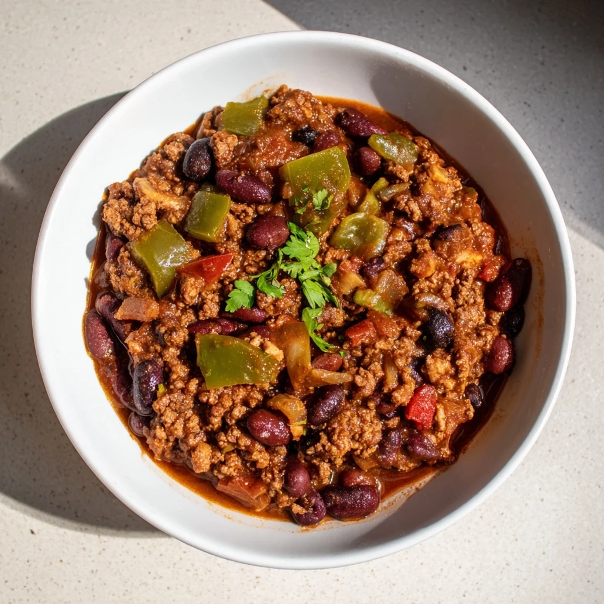A close-up shot of a richly-colored quick chili with canned beans, perfect for a cozy dinner.