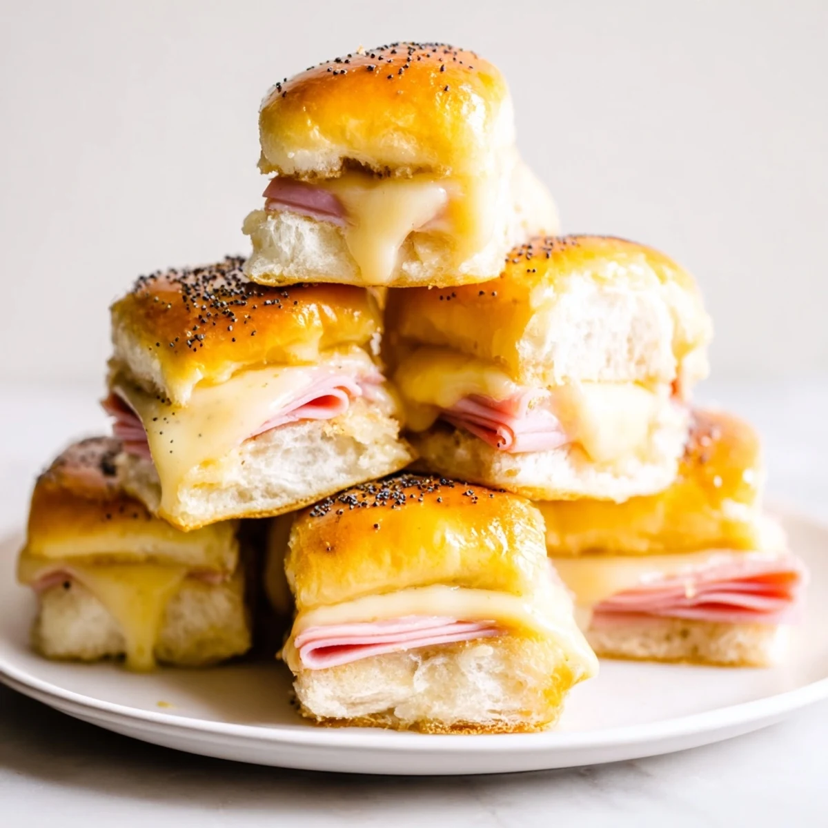 Savory baked Ham and Cheese Party Sliders, a fantastic appetizer with a buttery, poppy seed glaze.