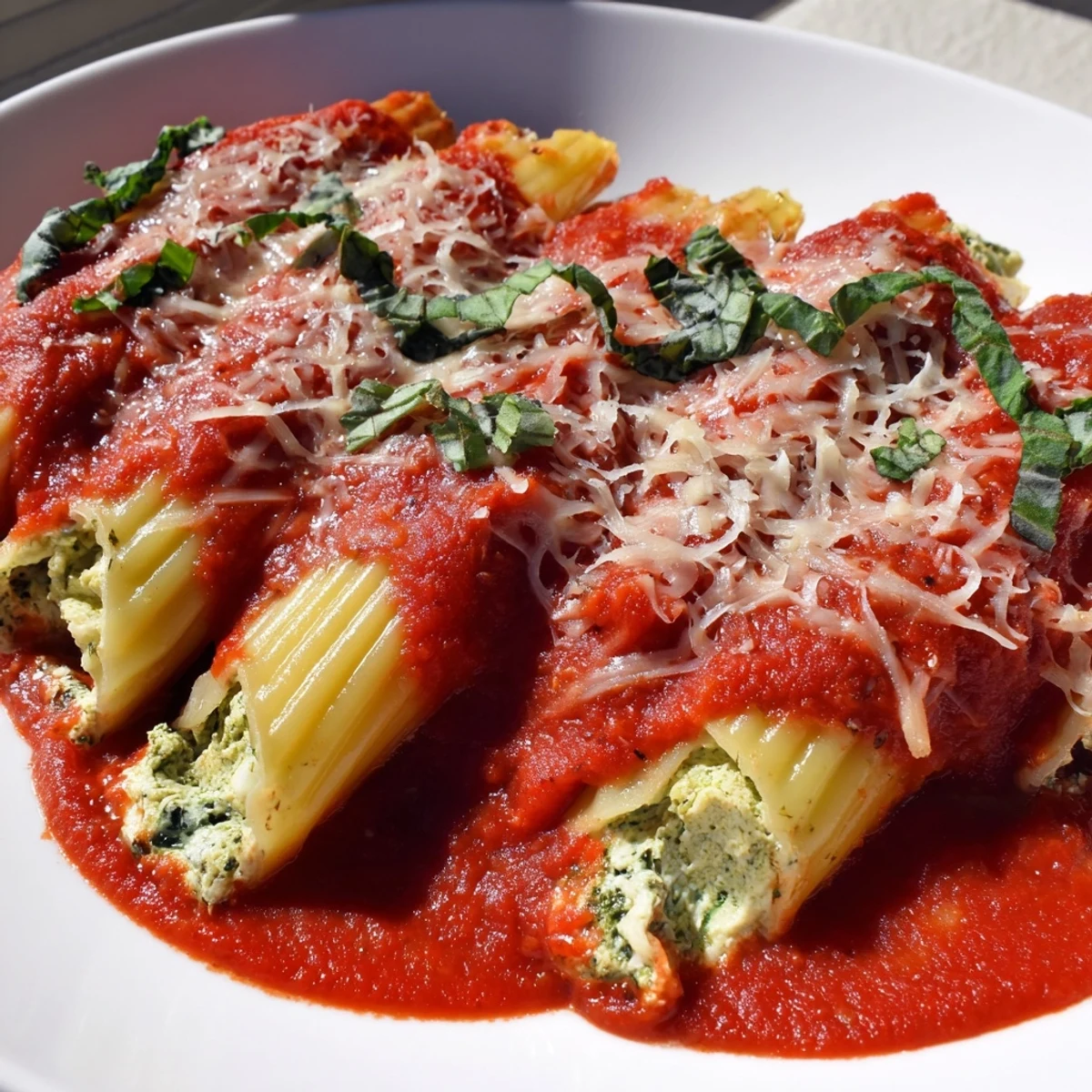A close-up of steaming Cozy Broccoli Stuffed Manicotti, revealing creamy broccoli filling and melted mozzarella.