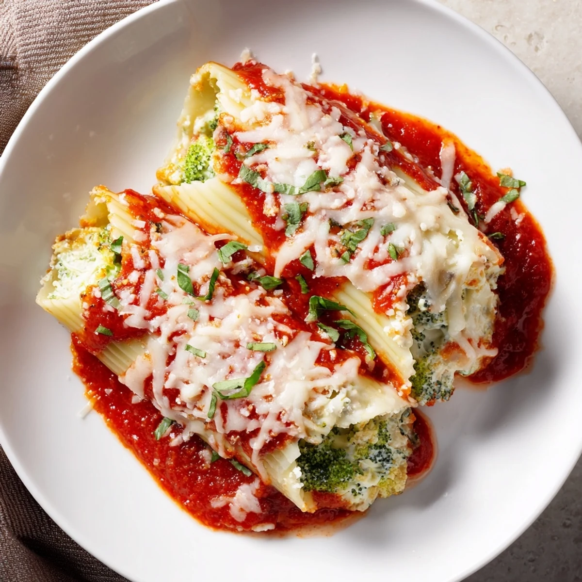 Delicious Cozy Broccoli Stuffed Manicotti, ready to bake with cheese, offering vegetarian, comforting Italian flavors.