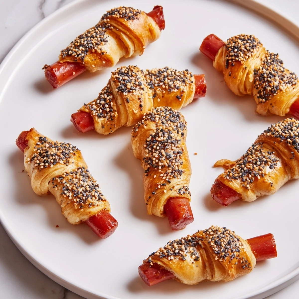 Golden brown Everything Bagel Pigs in a Blanket, ready to serve with a dipping sauce.