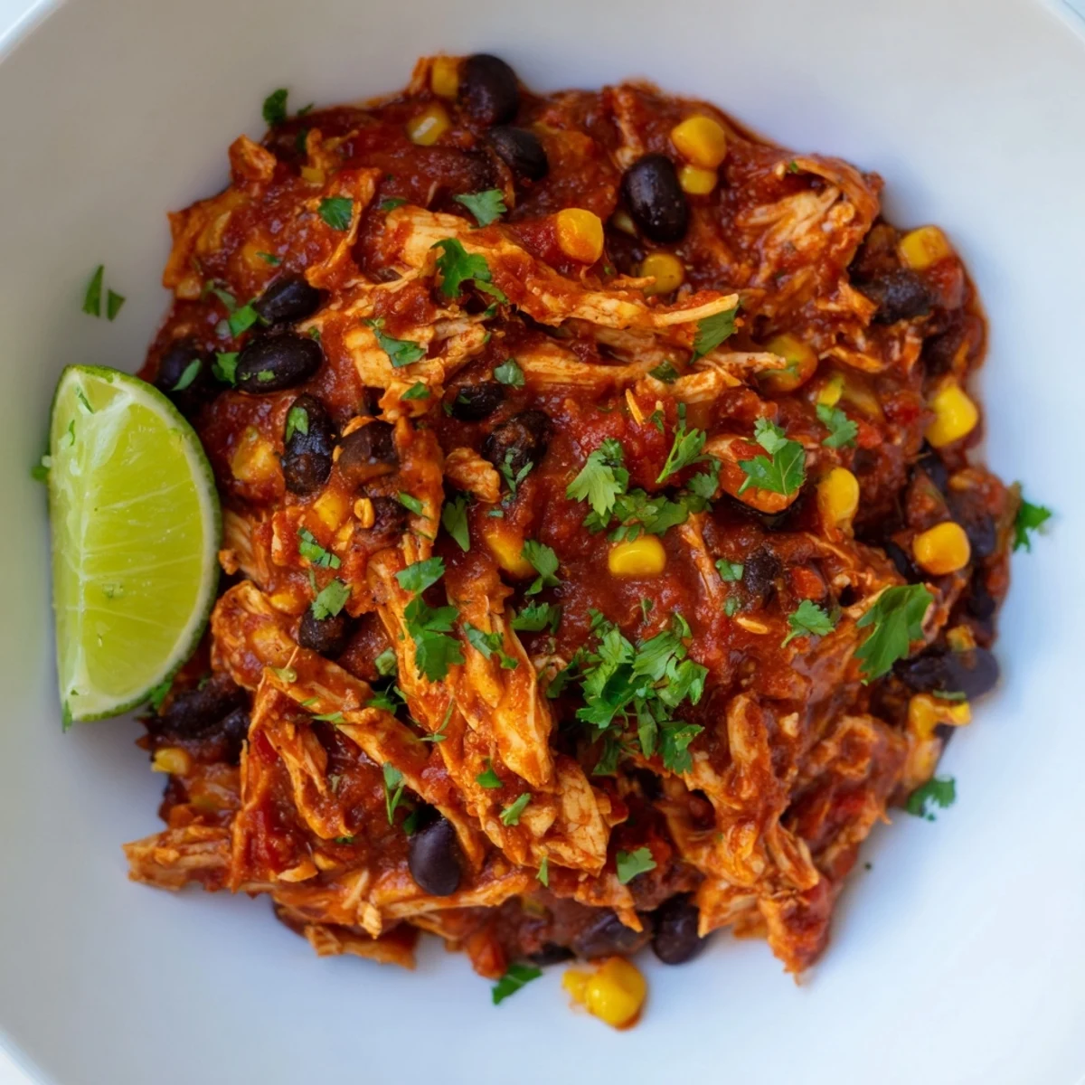A steaming bowl of Slow Cooker Salsa Chicken, perfect with fresh cilantro and lime wedges.