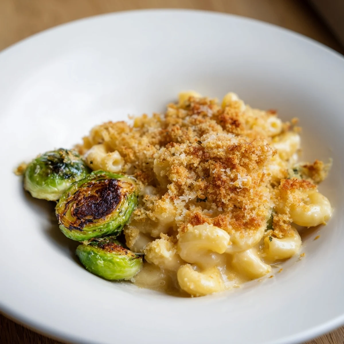Golden-brown sheet pan mac and cheese with Brussels sprouts, bubbling, ready to serve and enjoy.