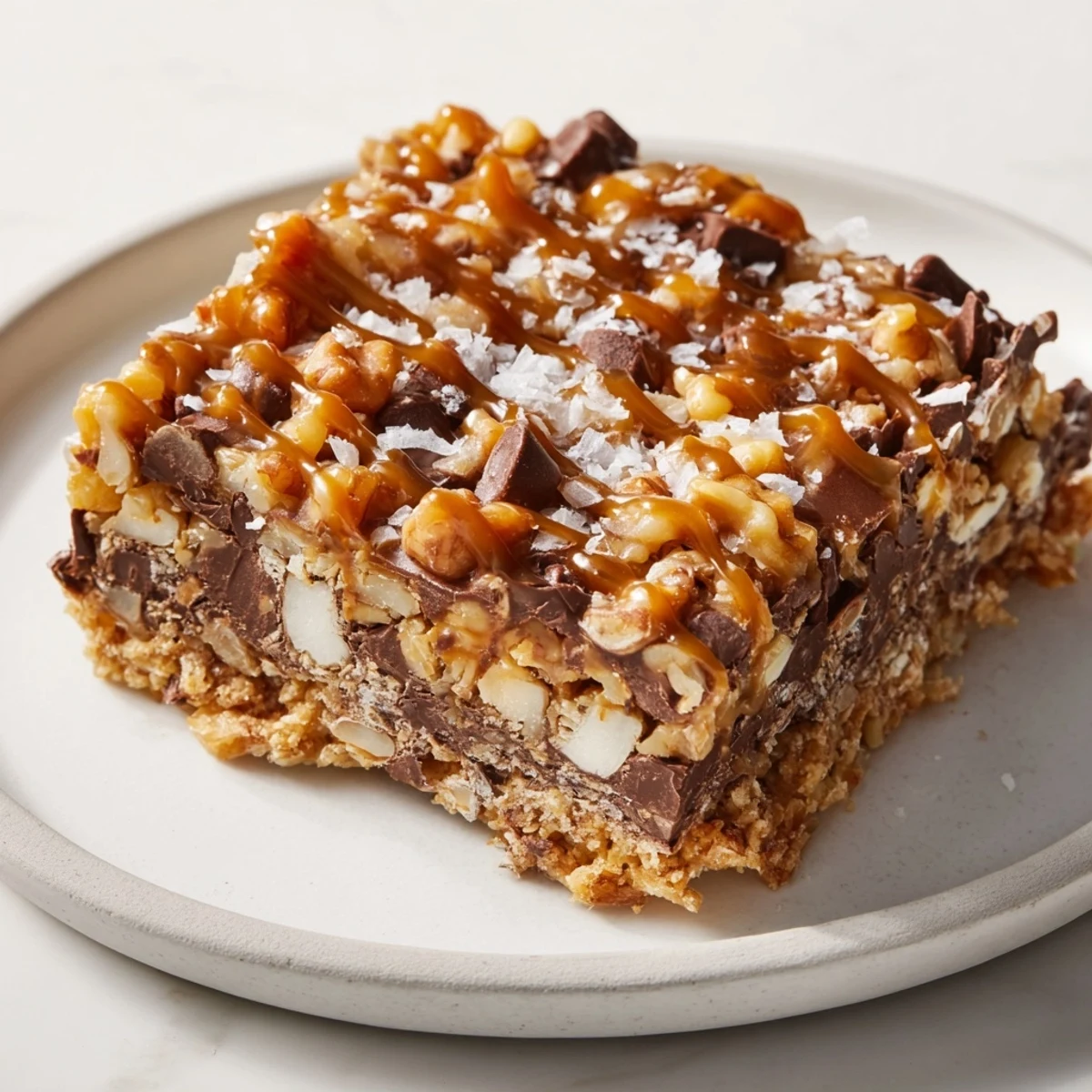 Golden, gooey 7-Layer Magic Bars with salted caramel drizzle, ready to enjoy with a bite.