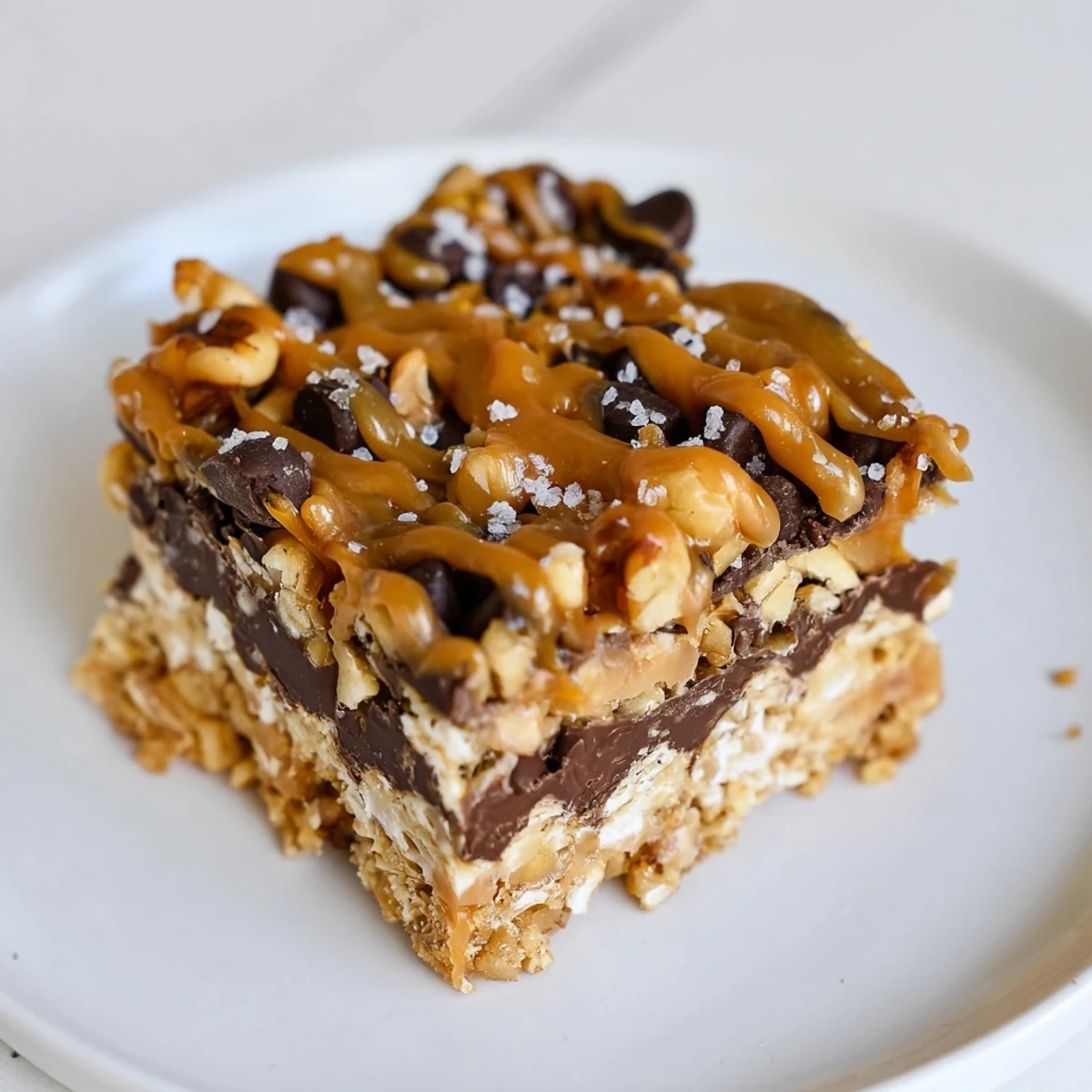 Close up revealing the rich layers of decadent 7-Layer Magic Bars, topped with glistening caramel.