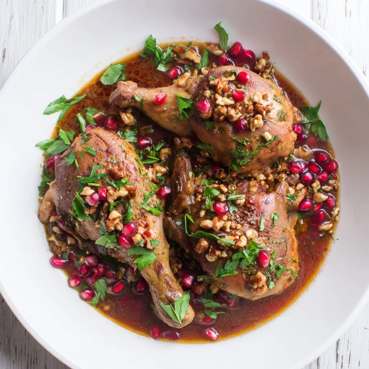 A flavorful Persian Pomegranate Walnut Fesenjan Stew, garnished with fresh herbs, ready to serve.