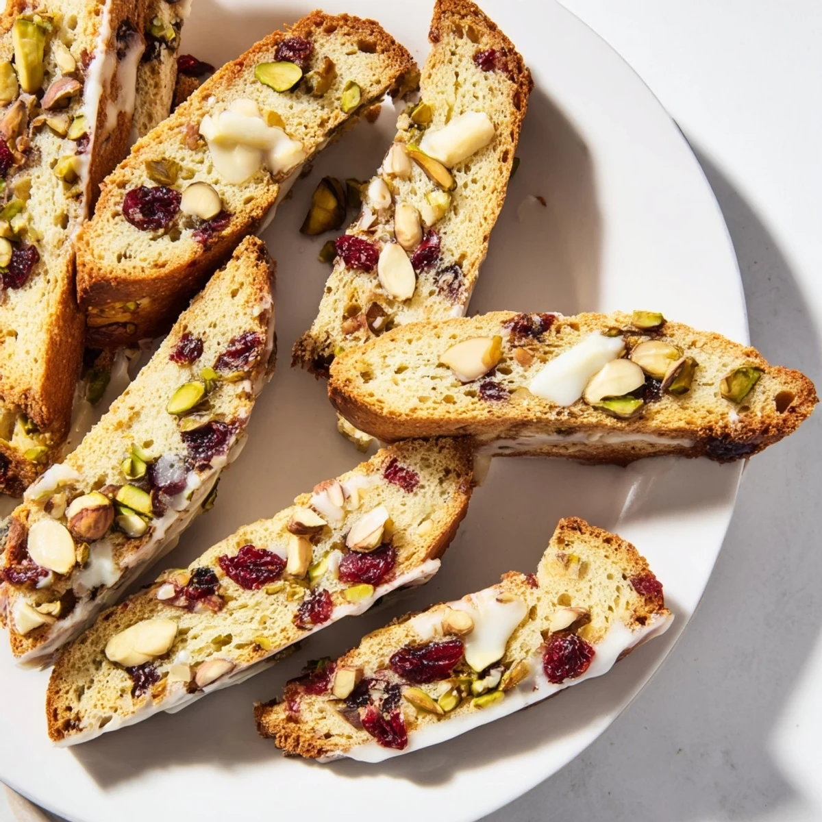 A close-up of crispy White Chocolate Cranberry Pistachio Biscotti showing the cranberries and nuts in the cookie.