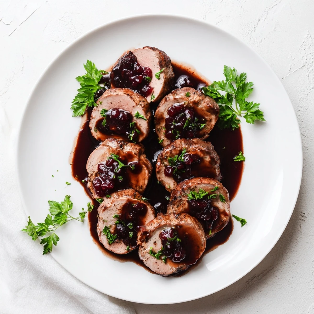 A close-up shot of the mouthwatering tart cherry date glazed pork tenderloin with fresh parsley garnish.