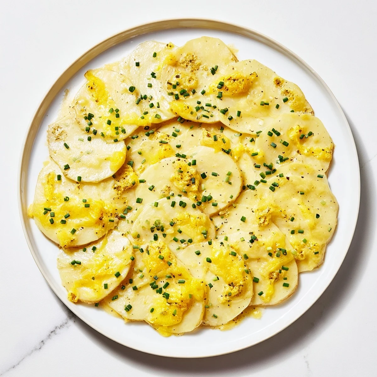 A close-up of cheesy scalloped potatoes, showing layers of creamy potatoes and melted cheeses.