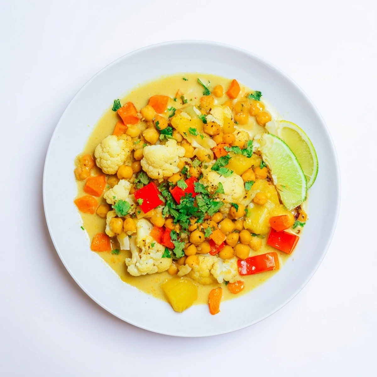 This vibrant photo shows a hearty Curried Cauliflower and Chickpea Coconut Stew, perfect for a cozy dinner.
