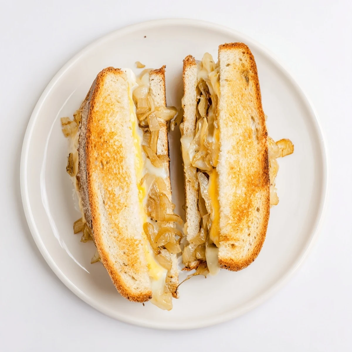 Golden-brown French Onion Grilled Cheese boasts bubbly cheese and deeply caramelized onions within.