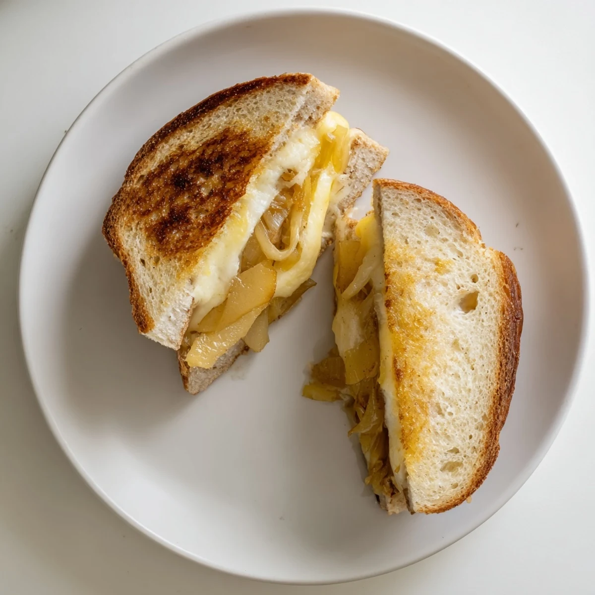 Melted Gruyère and mozzarella oozing from a perfectly toasted French Onion Grilled Cheese sandwich.