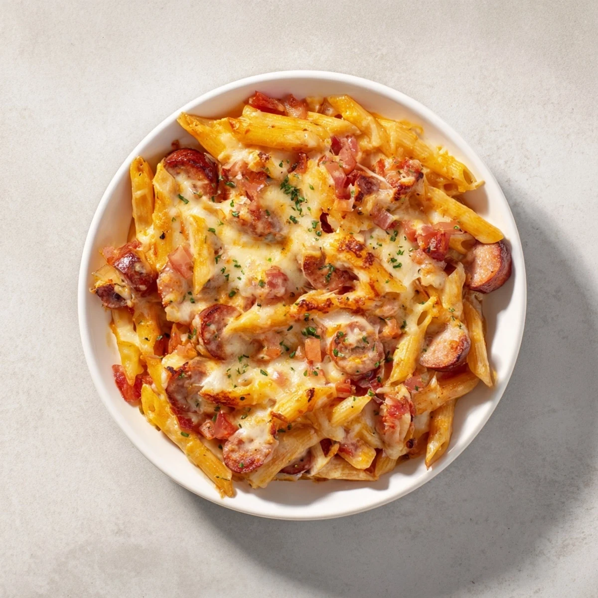 A flavorful Budget Sausage and Cheese Pasta Bake, showcasing a hearty tomato sauce with melted cheese on top.