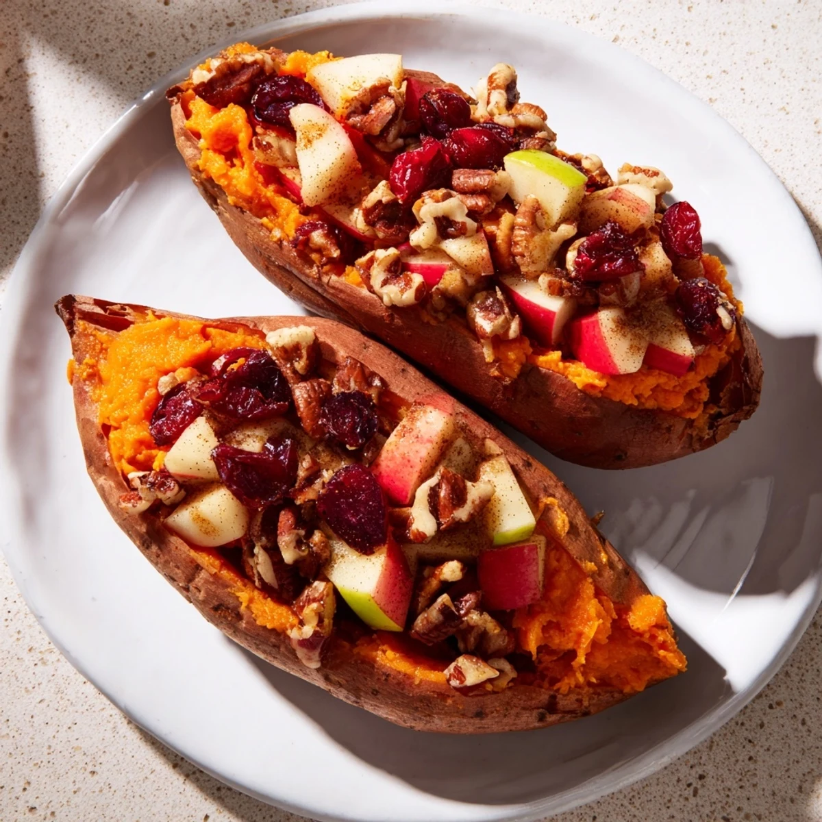 Golden, baked Cranberry Apple Twice-Baked Sweet Potatoes, an inviting vegetarian side dish ready to be served.