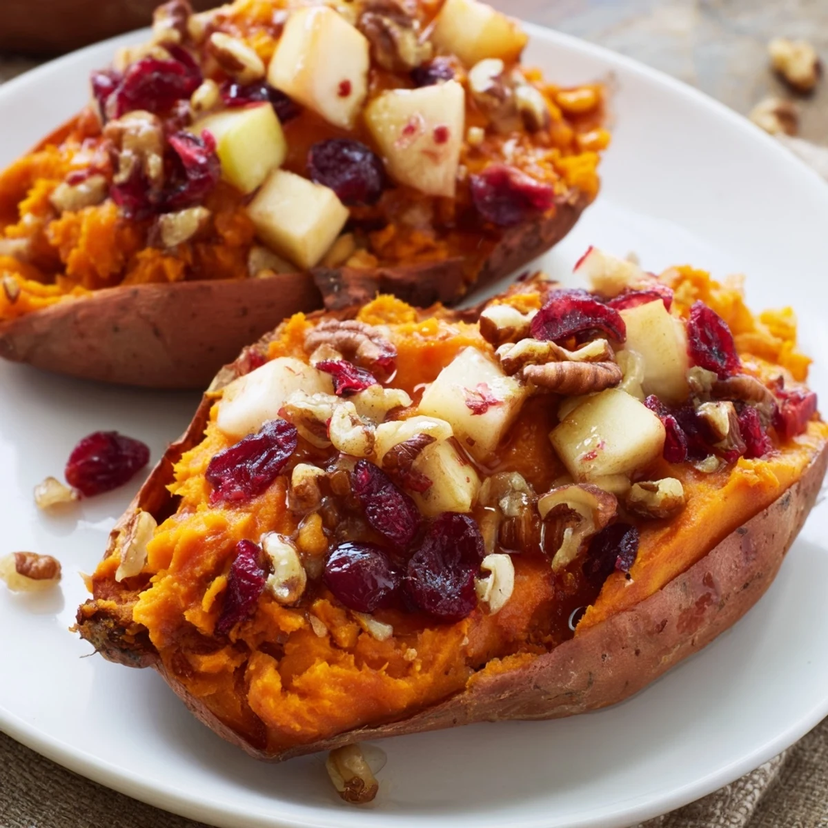 Steaming Cranberry Apple Twice-Baked Sweet Potatoes, a perfect medley of fall flavors and textures.
