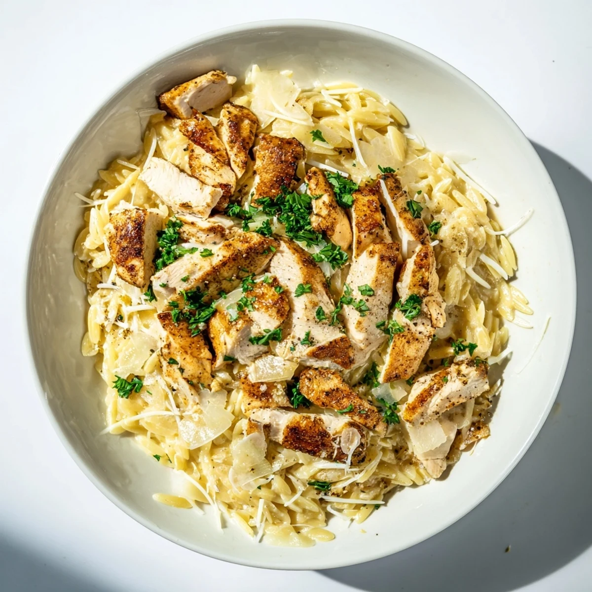 Golden chicken and orzo in a delicious One-Pot Cajun Chicken Alfredo, ready to be enjoyed with a fresh parsley garnish.