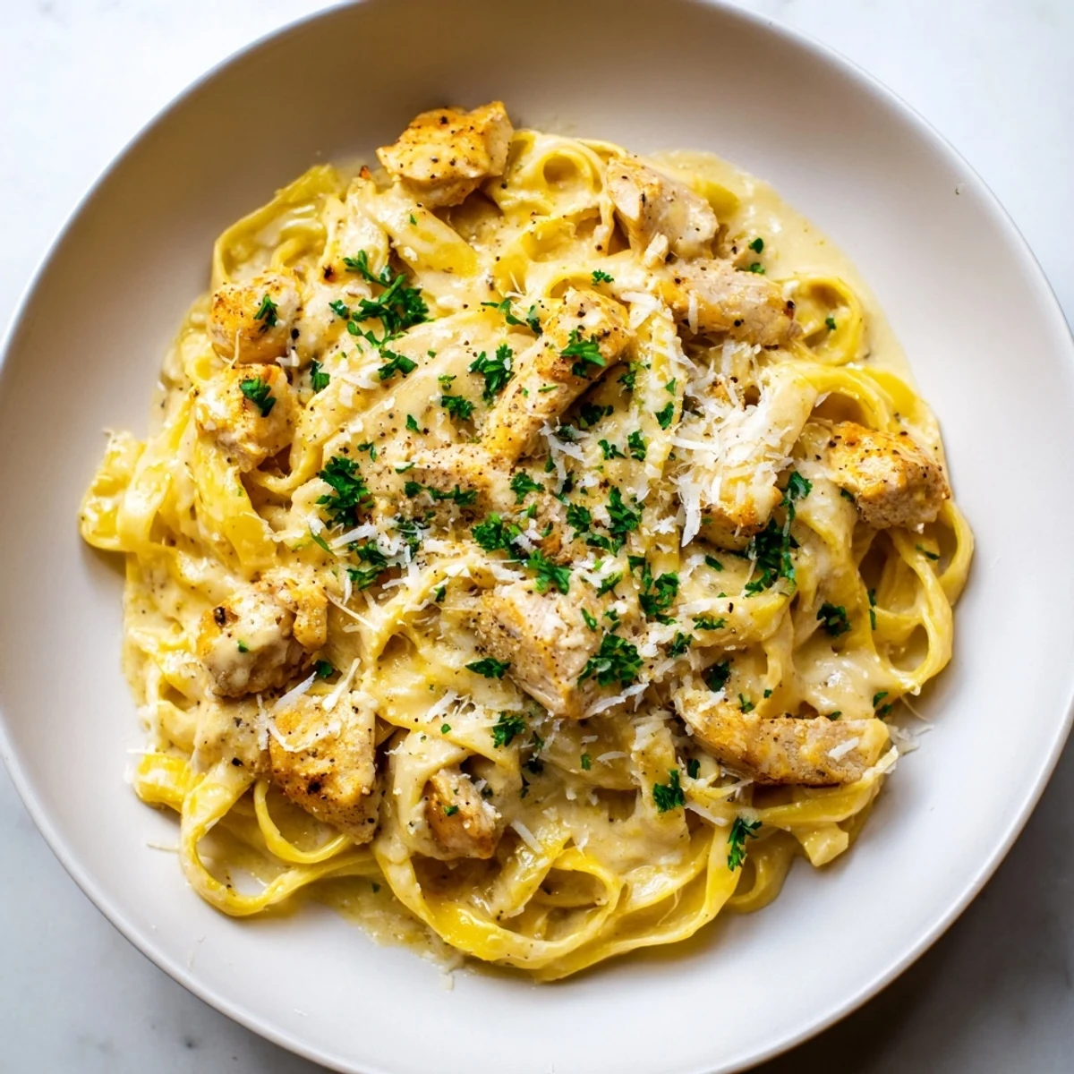 Creamy Cowboy Butter Chicken Pasta, with parsley garnish, ready for a satisfying, warm, flavorful meal.