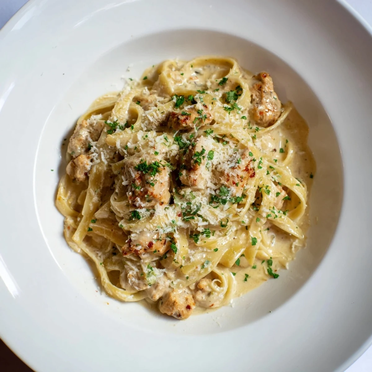 A close-up of Cowboy Butter Chicken Pasta: perfectly coated pasta with tender chicken and buttery sauce.