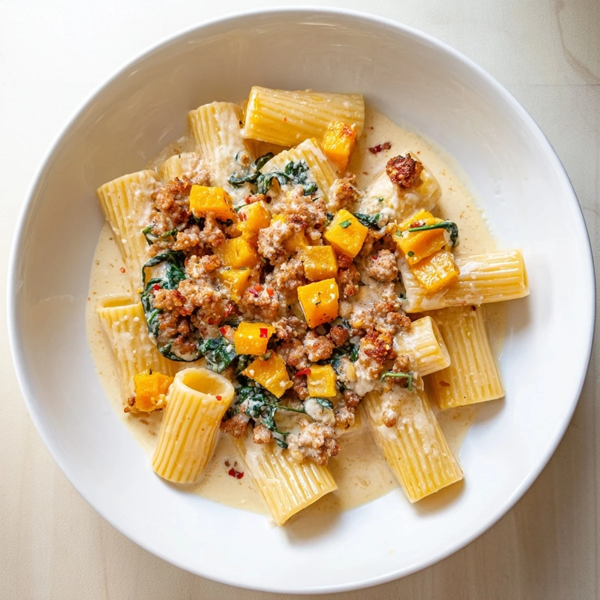 A steaming bowl of Creamy Rigatoni showcasing vibrant butternut squash and spicy sausage, delicious and hearty.