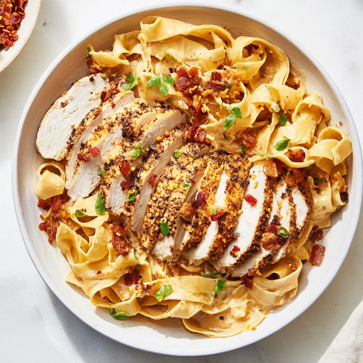A close-up of Southern Style Creamy Parmesan Chicken Pasta, rich sauce clinging to pasta and chicken strips.