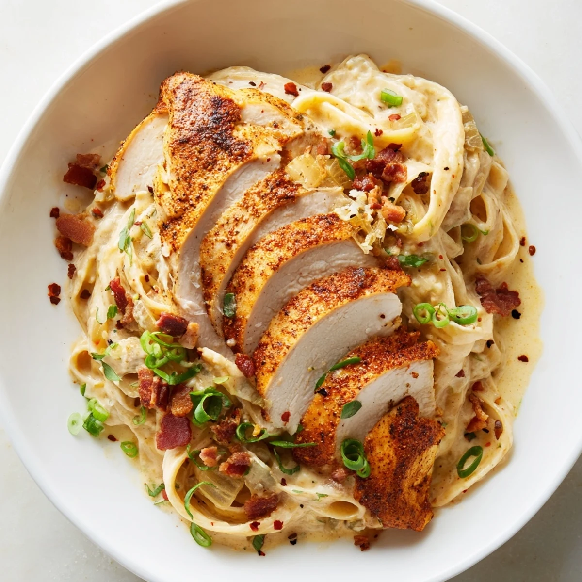 Enjoy a forkful of Southern Style Creamy Parmesan Chicken Pasta: tender, creamy, and seasoned to perfection.