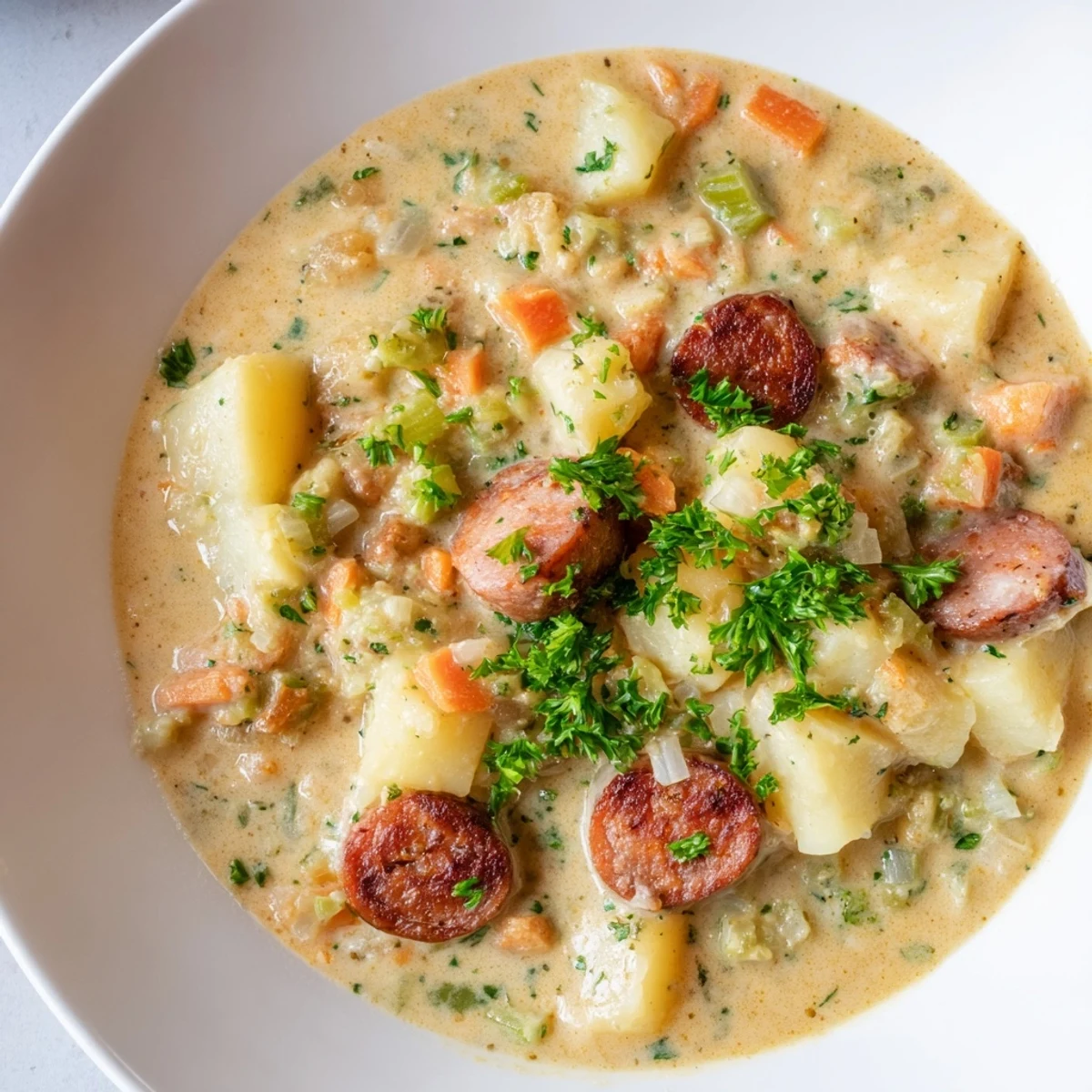 Thick and hearty creamy chorizo potato soup, perfect for a warming, gluten-free lunch.
