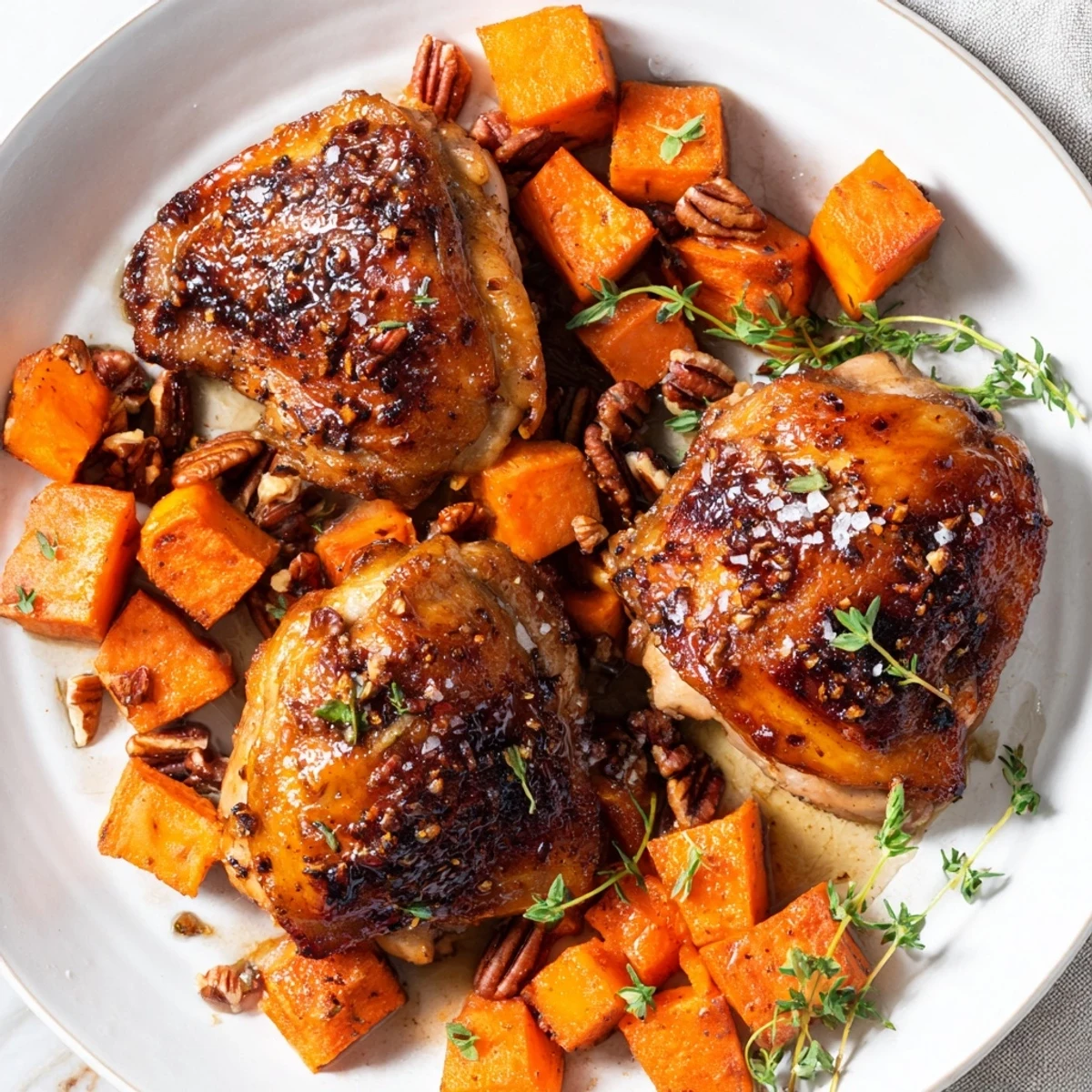 A close-up of tender maple glazed chicken and sweet potatoes, offering sweet and savory notes for dinner.