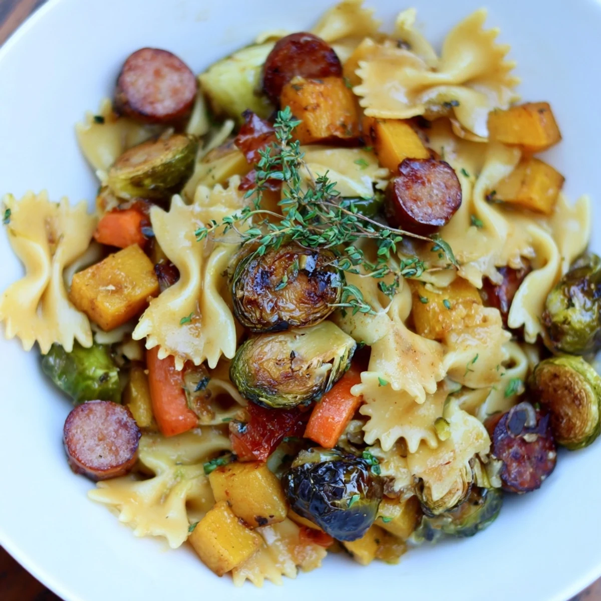 Golden autumn sausage pasta squash with roasted butternut squash and crispy Brussels sprouts.