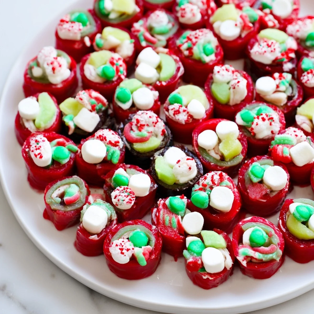 Vibrant Easy Christmas Fruit Rollup Sushi rolls, swirled with marshmallow fluff and festive candies, ready to enjoy.