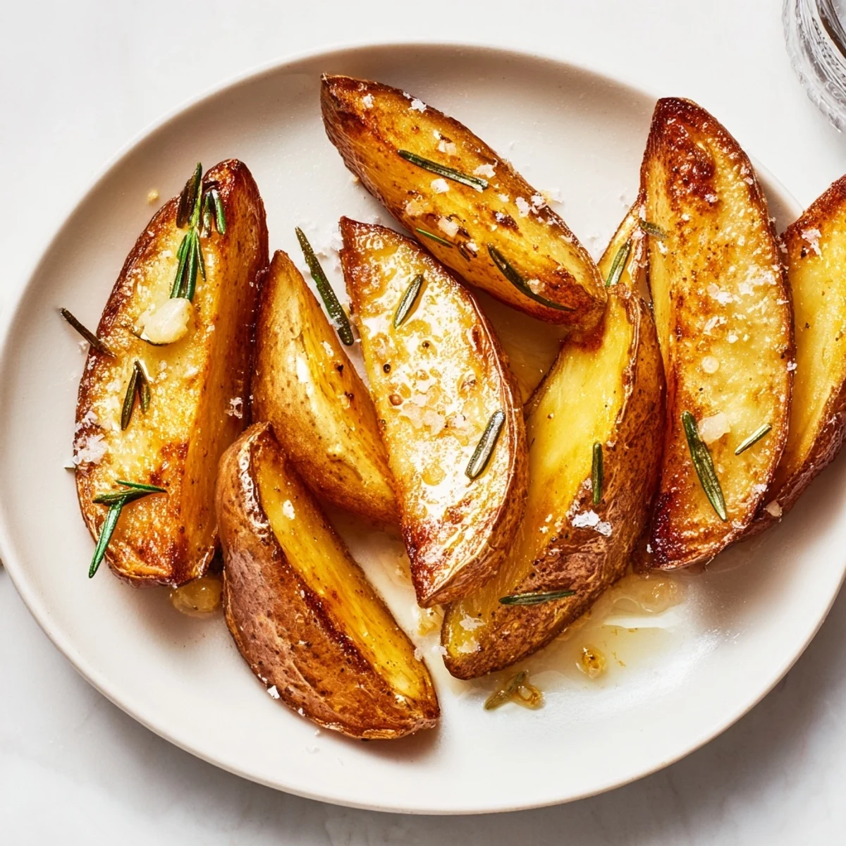 Golden, crispy Quick Rosemary Roast Potato Wedges, ready to serve with fragrant herbs and sea salt.
