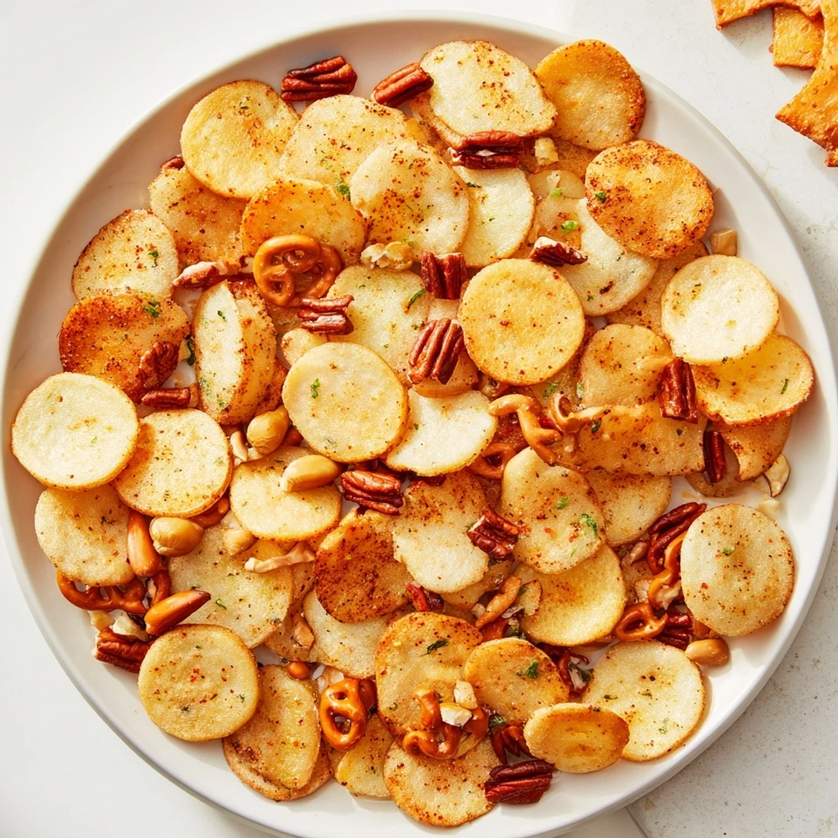Golden, crunchy air fryer bagel chip Christmas mix tossed in savory seasoning; perfect snack.