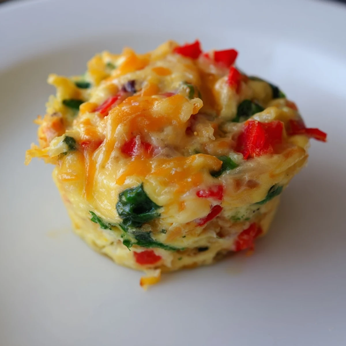 A top-down view of Easy Christmas Morning Egg Muffins, with visible peppers and cheese, ready to eat.