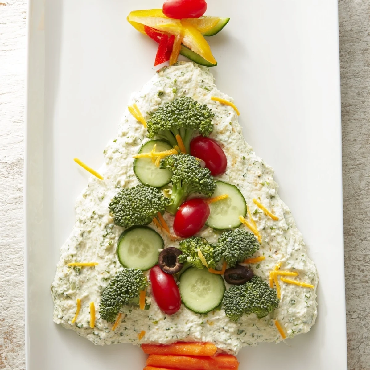 A vibrant Christmas Tree Dip Platter: creamy herb dip shaped with colorful veggies and crackers.