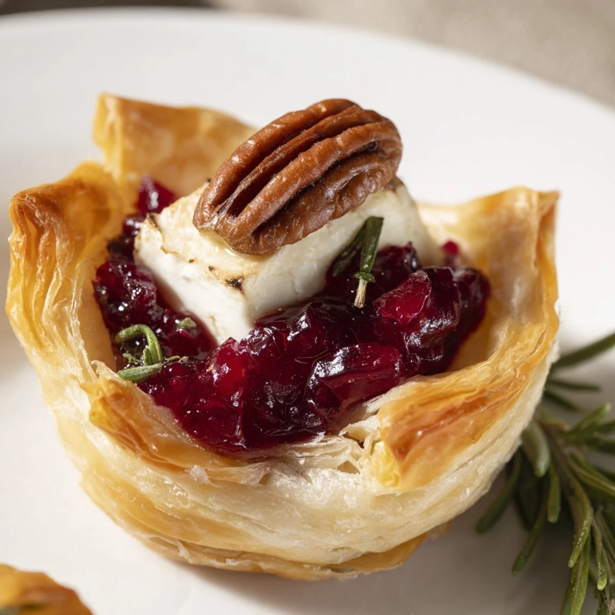 Melting Brie and cranberry topping golden puff pastry in these amazing Express Cranberry Sauce Brie Bites.