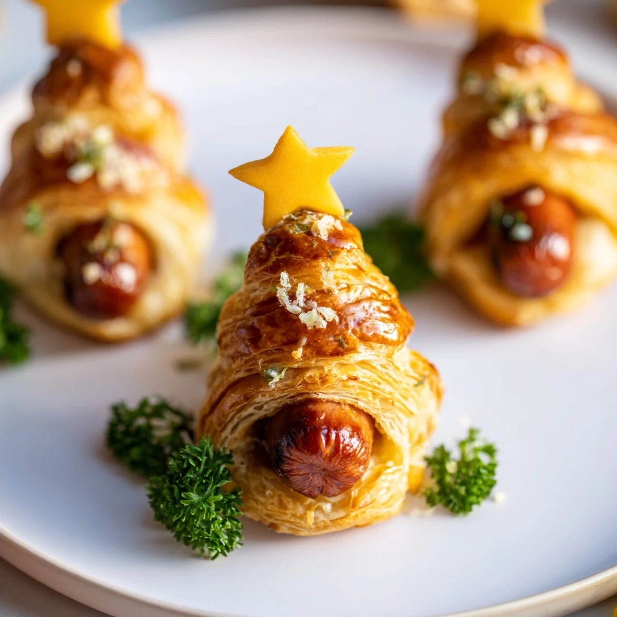 Flaky, golden-brown Express Pigs in Blanket Christmas Tree arranged proudly on a baking sheet, ready to eat.