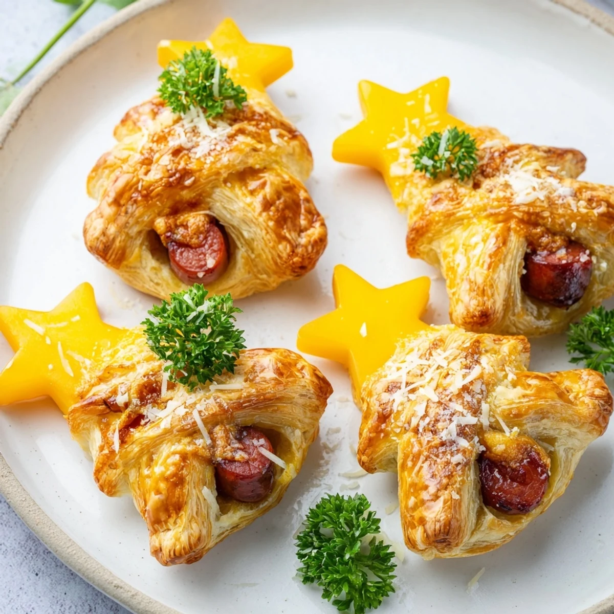 Close-up of a festive Express Pigs in Blanket Christmas Tree, showing the delightful pastry-wrapped sausages.