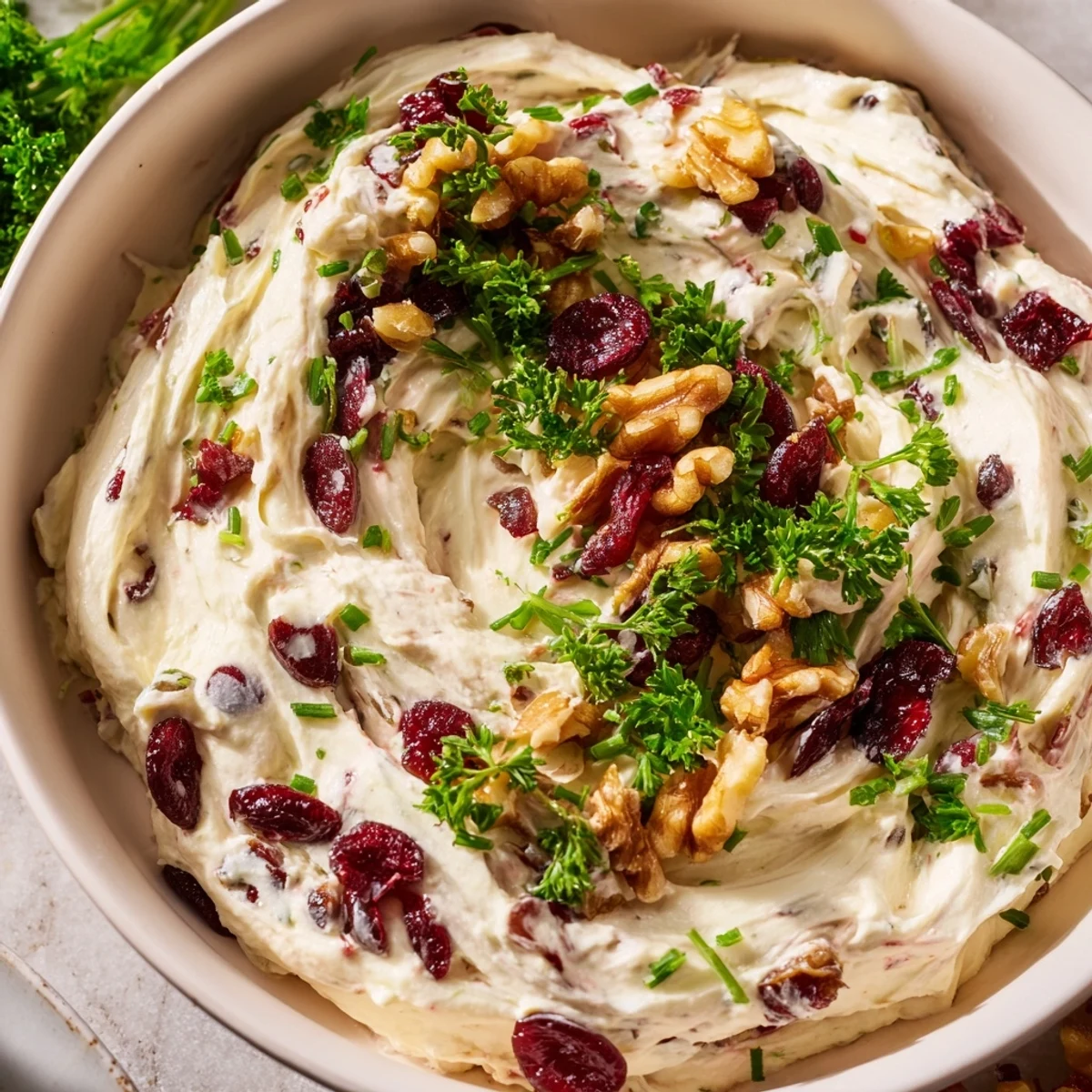 Creamy lightened holiday cream cheese dip with vibrant red cranberries and fresh green herbs in a bowl.