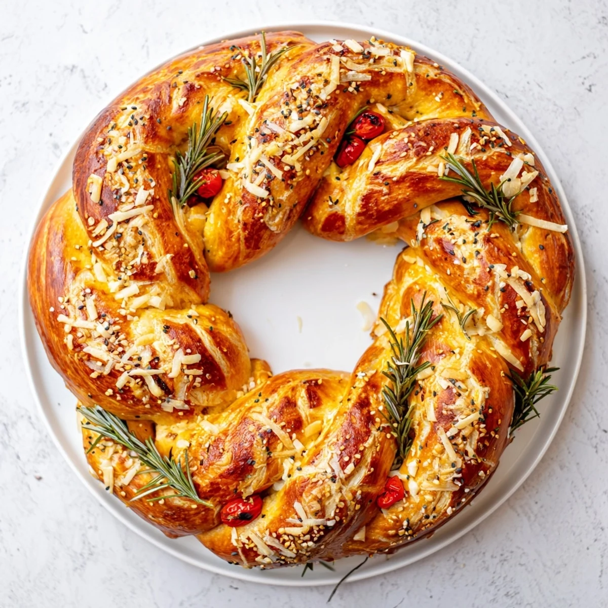 The soft, inviting texture of a freshly baked Budget Holiday Pretzel Wreath adorned with festive toppings.