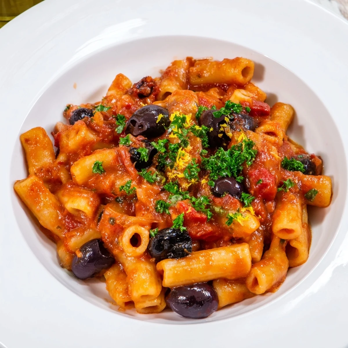 A close-up view of a bowl of Puttanesca Ditalini, perfect for a quick and easy dinner.