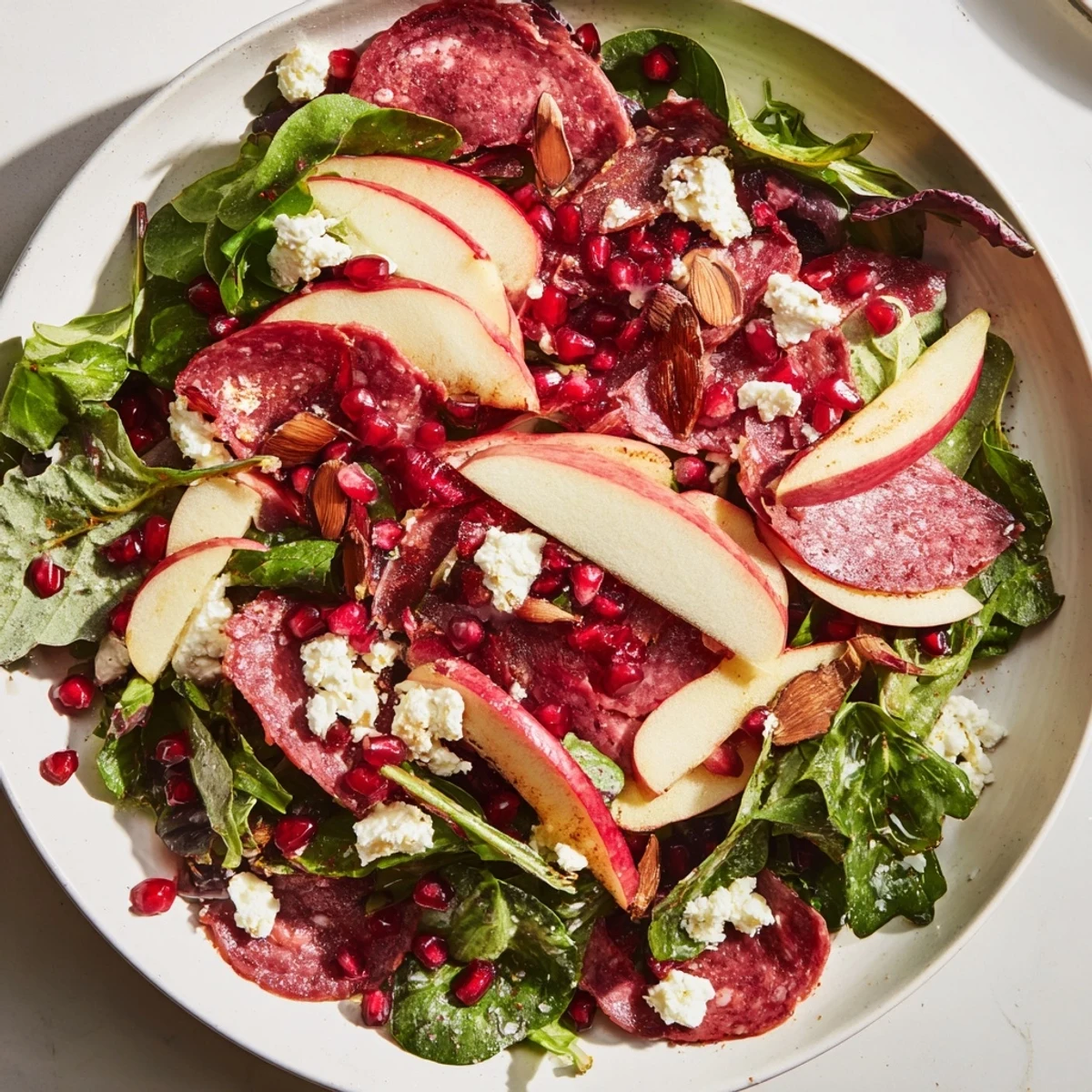 This prepared Hot Girl Christmas Salad features salami, pomegranates, and a festive holiday feel.
