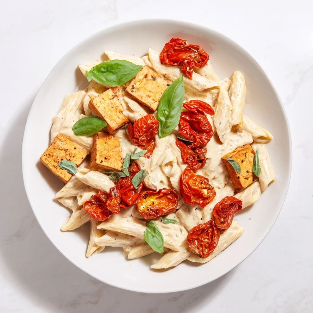 Golden, crispy vegan baked tofu feta pasta with roasted tomatoes and fresh basil garnish.