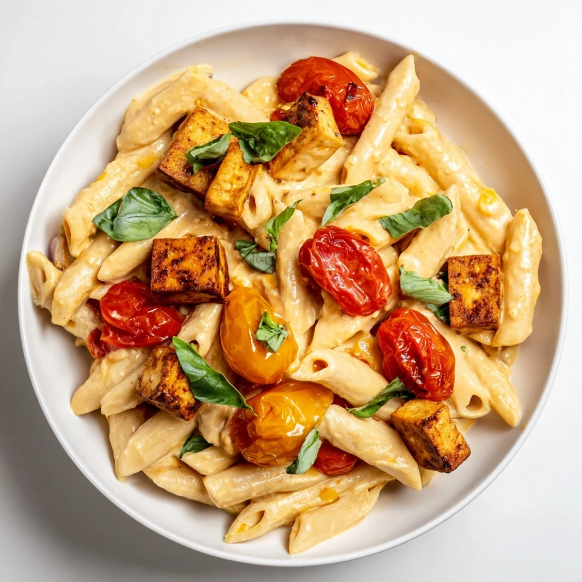 A close-up of creamy vegan baked tofu feta pasta, highlighting the tender pasta and tomatoes.