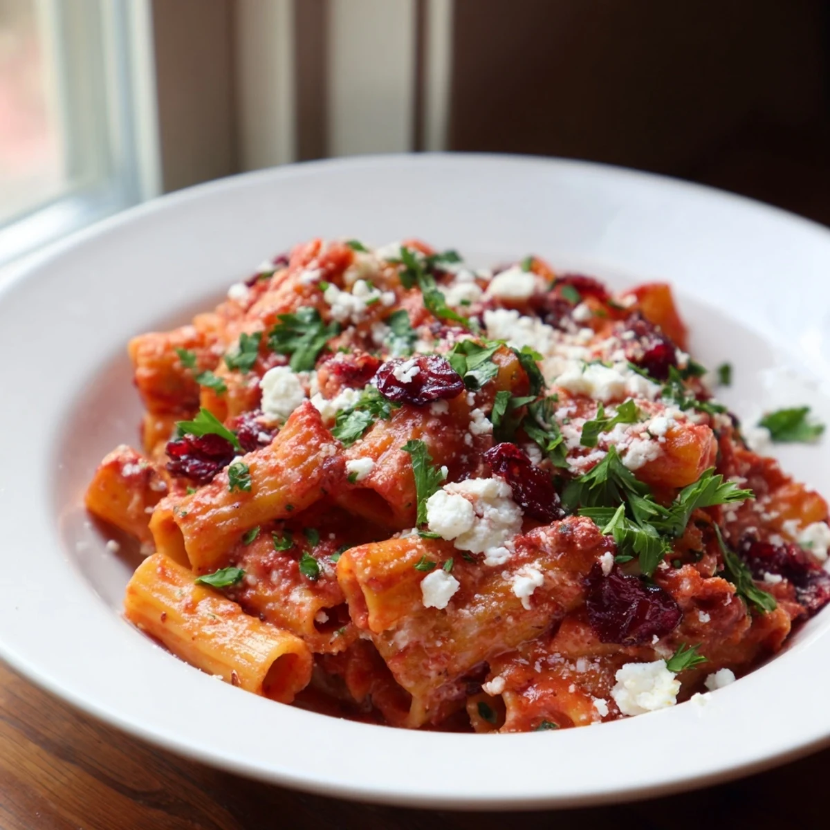 Close-up of baked Cranberry-Sage Feta Pasta, showing creamy feta, pasta, and vibrant cranberry toppings.
