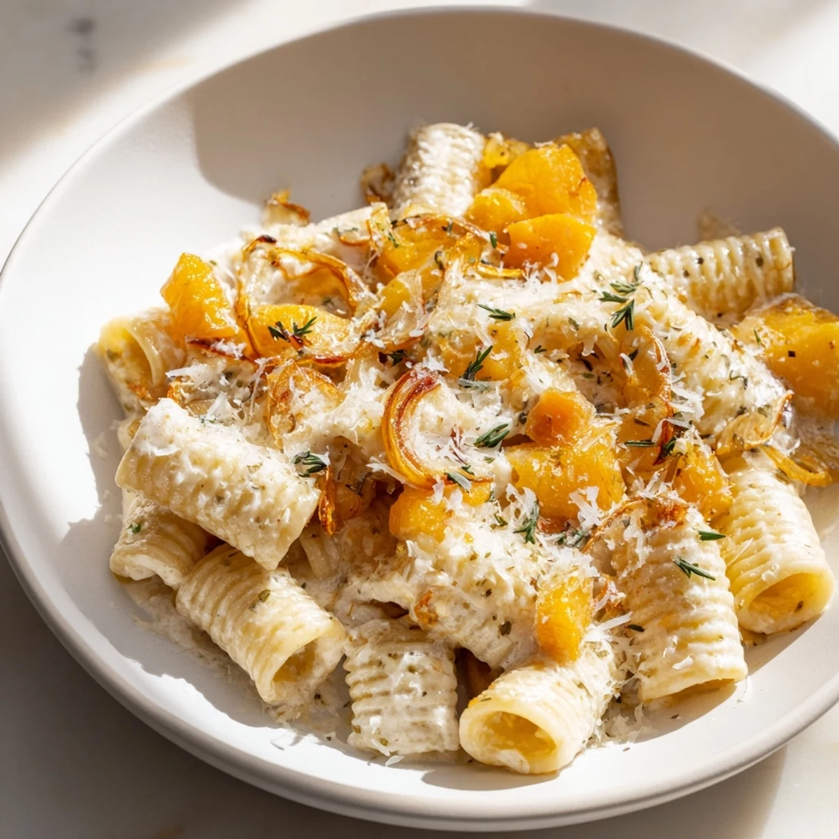 A close-up view presents this creamy French onion ditalini topped with melted Gruyère cheese.